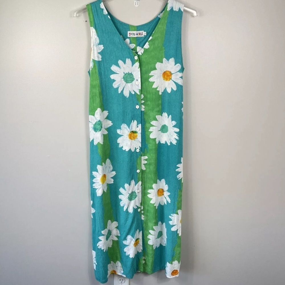 Jams World Sleeveless Green & White Floral Dress Button Front Midi Vintage 90s